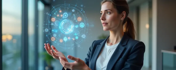 Professionnel observant une architecture de données numériques en projection holographique, symbolisant la stratégie SEO avancée