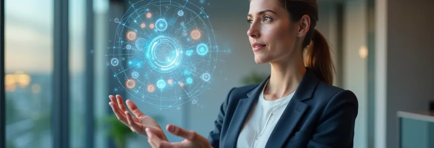 Professionnel observant une architecture de données numériques en projection holographique, symbolisant la stratégie SEO avancée