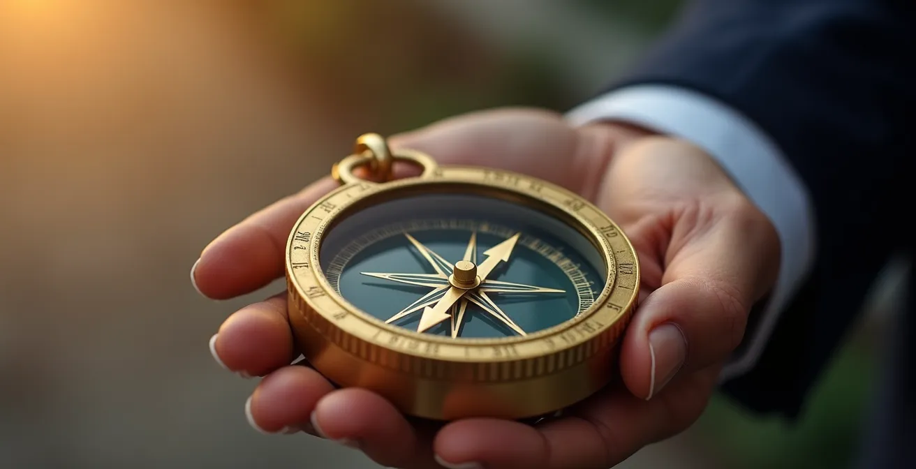 Main tenant une boussole dorée avec aiguille pointant une direction précise, symbolisant l'orientation et le choix stratégique
