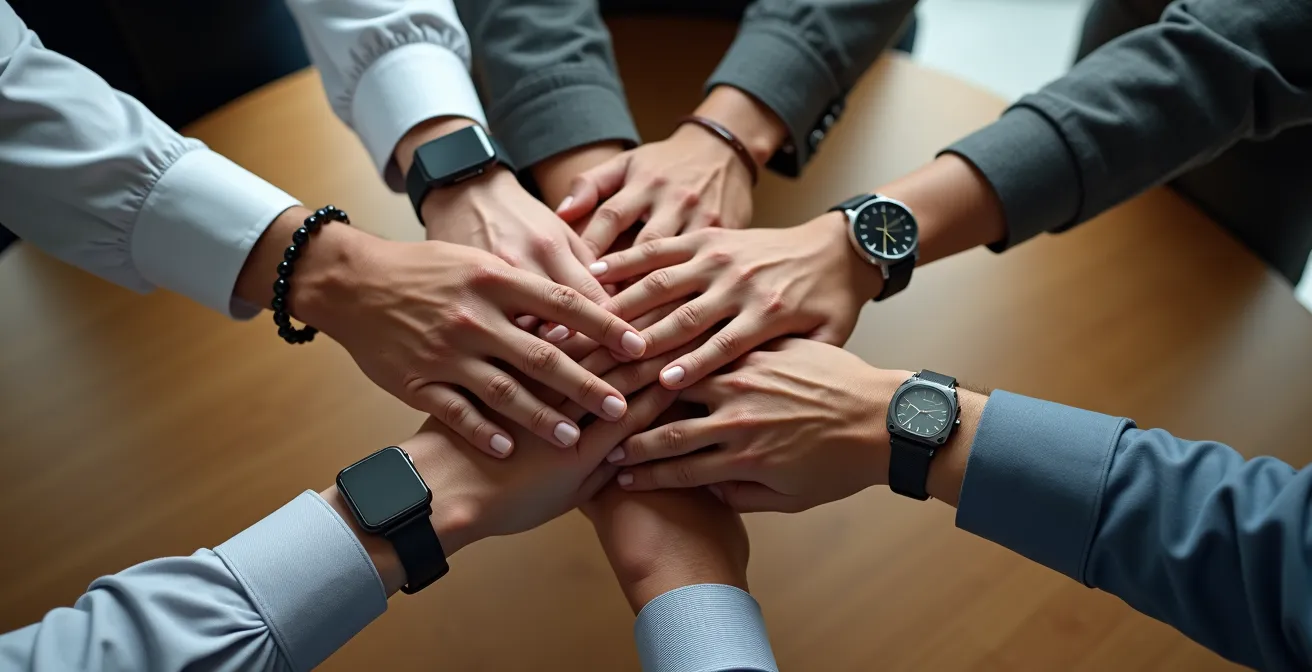 Mains de plusieurs professionnels rassemblées au centre d'une table de réunion, symbolisant la collaboration pluridisciplinaire