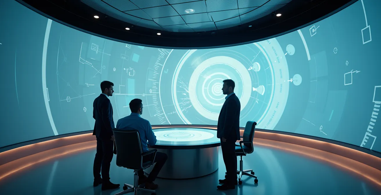 Vue d'ensemble d'une salle de contrôle spatiale moderne avec des ingénieurs en discussion