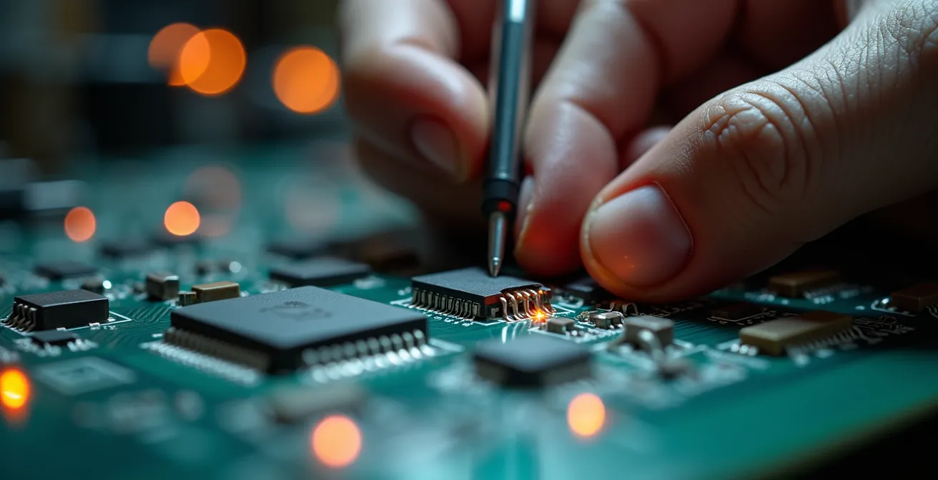 Mains expertes manipulant un circuit imprimé avec précision