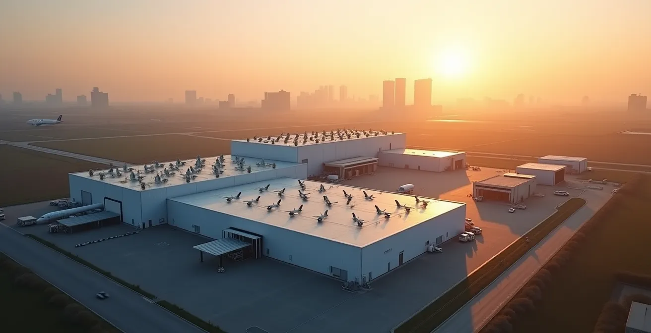 Vue aérienne des installations spatiales toulousaines au coucher du soleil