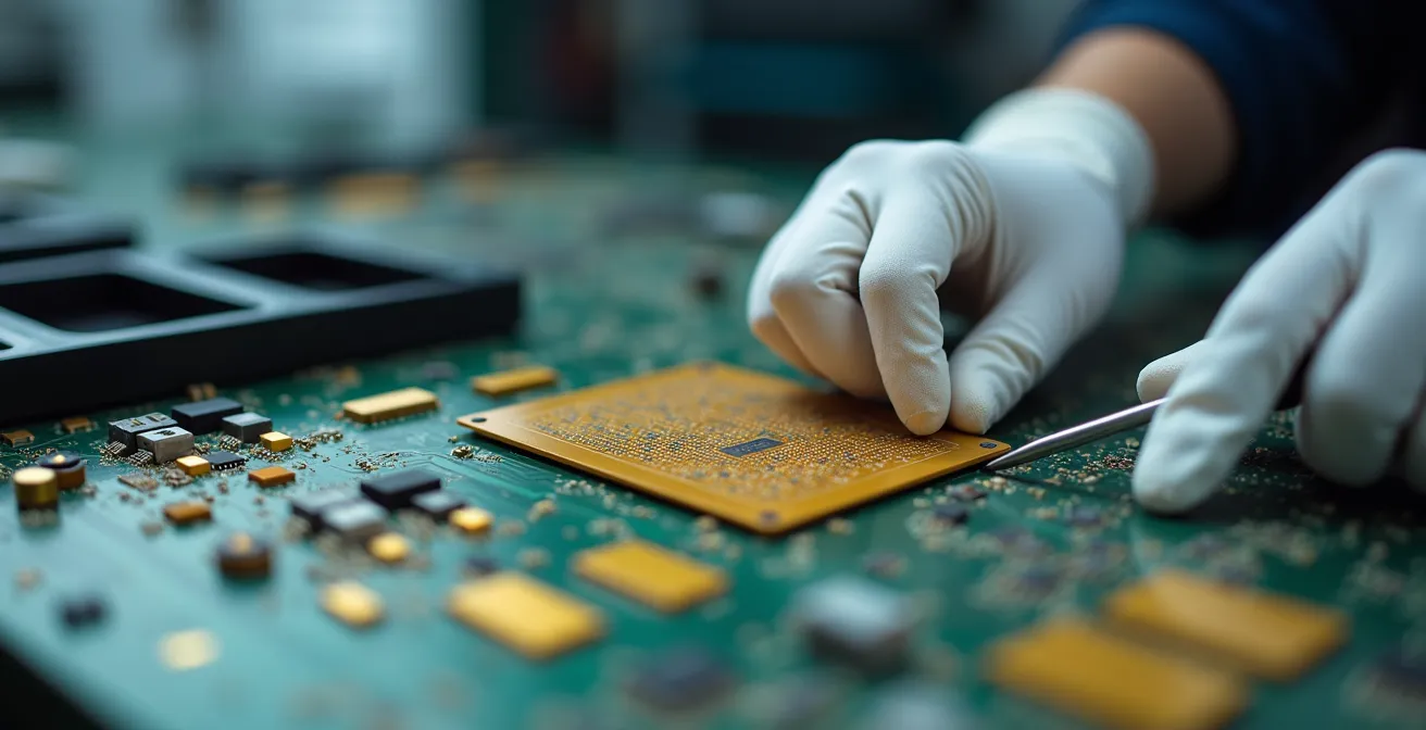 Gros plan sur les mains gantées d'un technicien manipulant des composants électroniques dorés