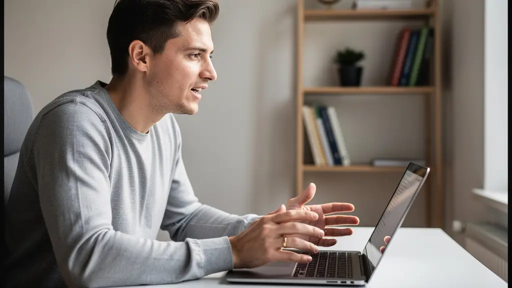 Candidat européen en entretien d'embauche visio sur ordinateur portable bureau épuré