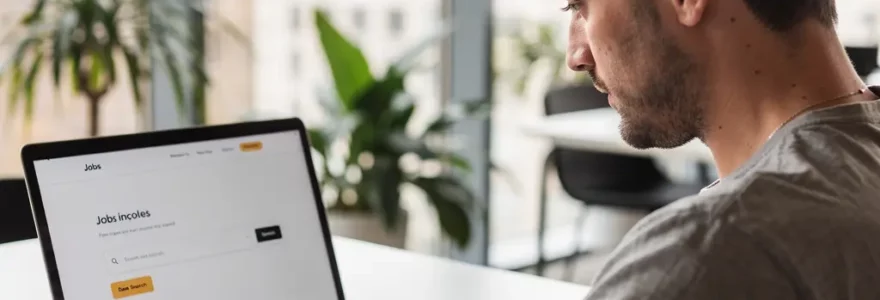 Professionnel consultant offres emploi international sur ordinateur portable dans espace coworking