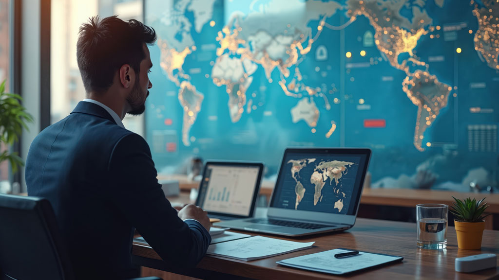 Écran ordinateur affichant plateforme recrutement international vue par-dessus épaule