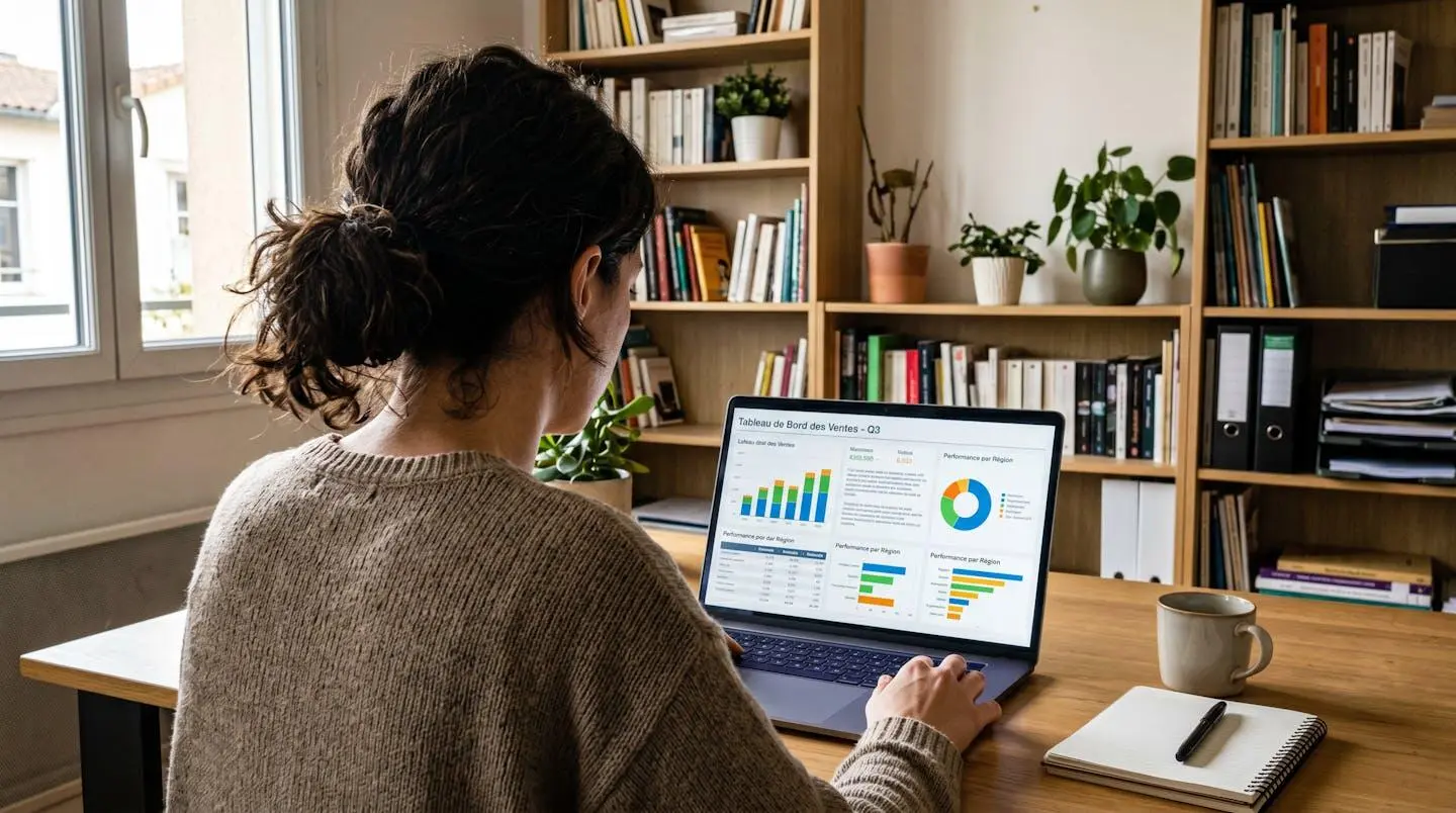 Professionnel consultant un tableau de bord avec indicateurs de performance commerciale et taux de conversion