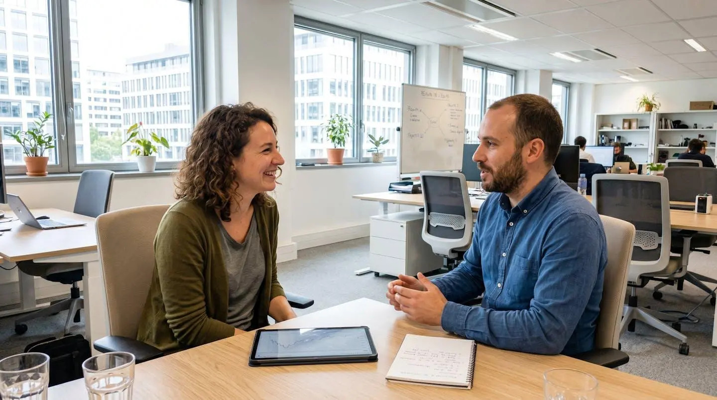 Deux professionnels en entretien commercial décontracté, postures ouvertes témoignant d'écoute active et confiance mutuelle
