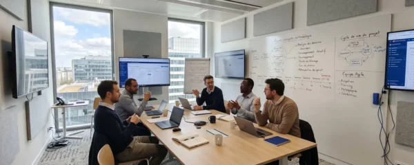 Salle de formation professionnelle moderne avec tableaux blancs affichant méthodologie de vente structurée