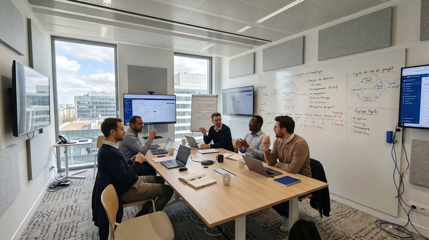 Salle de formation professionnelle moderne avec tableaux blancs affichant méthodologie de vente structurée