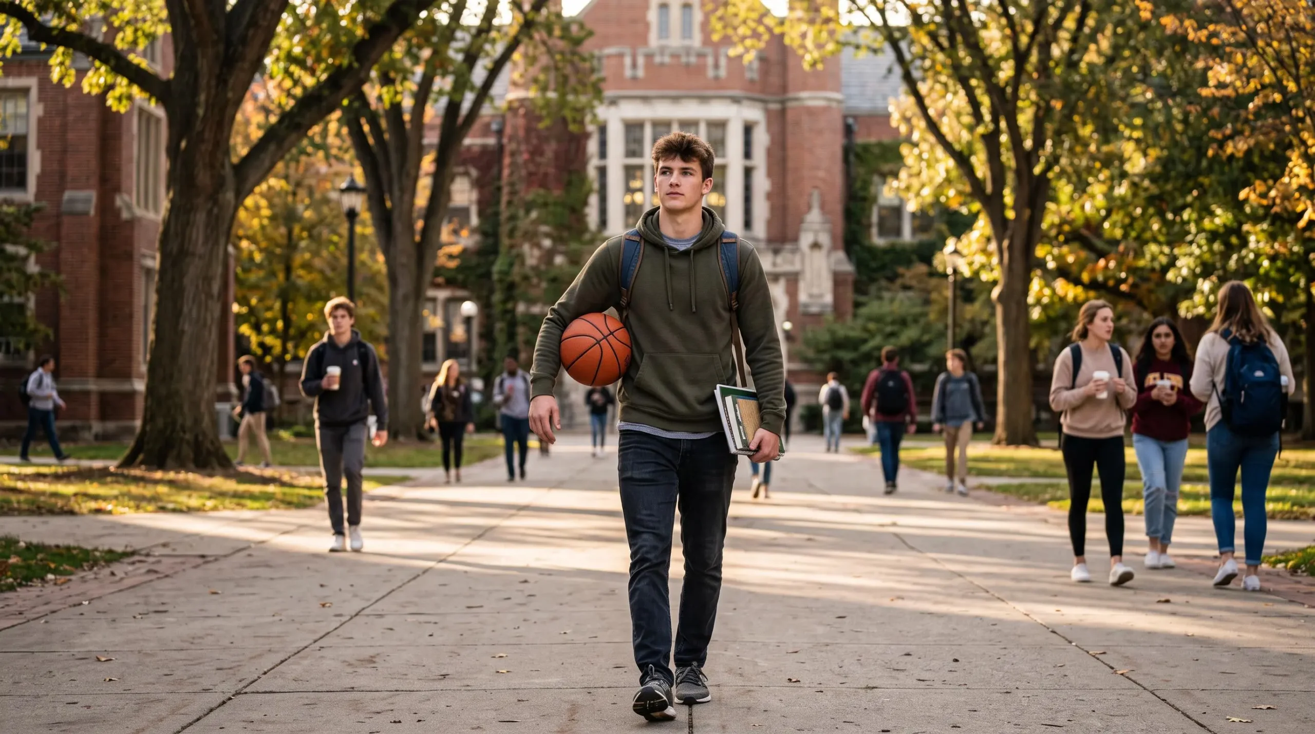 Étudiant-athlète français traversant un campus universitaire américain avec équipement sportif et matériel académique
