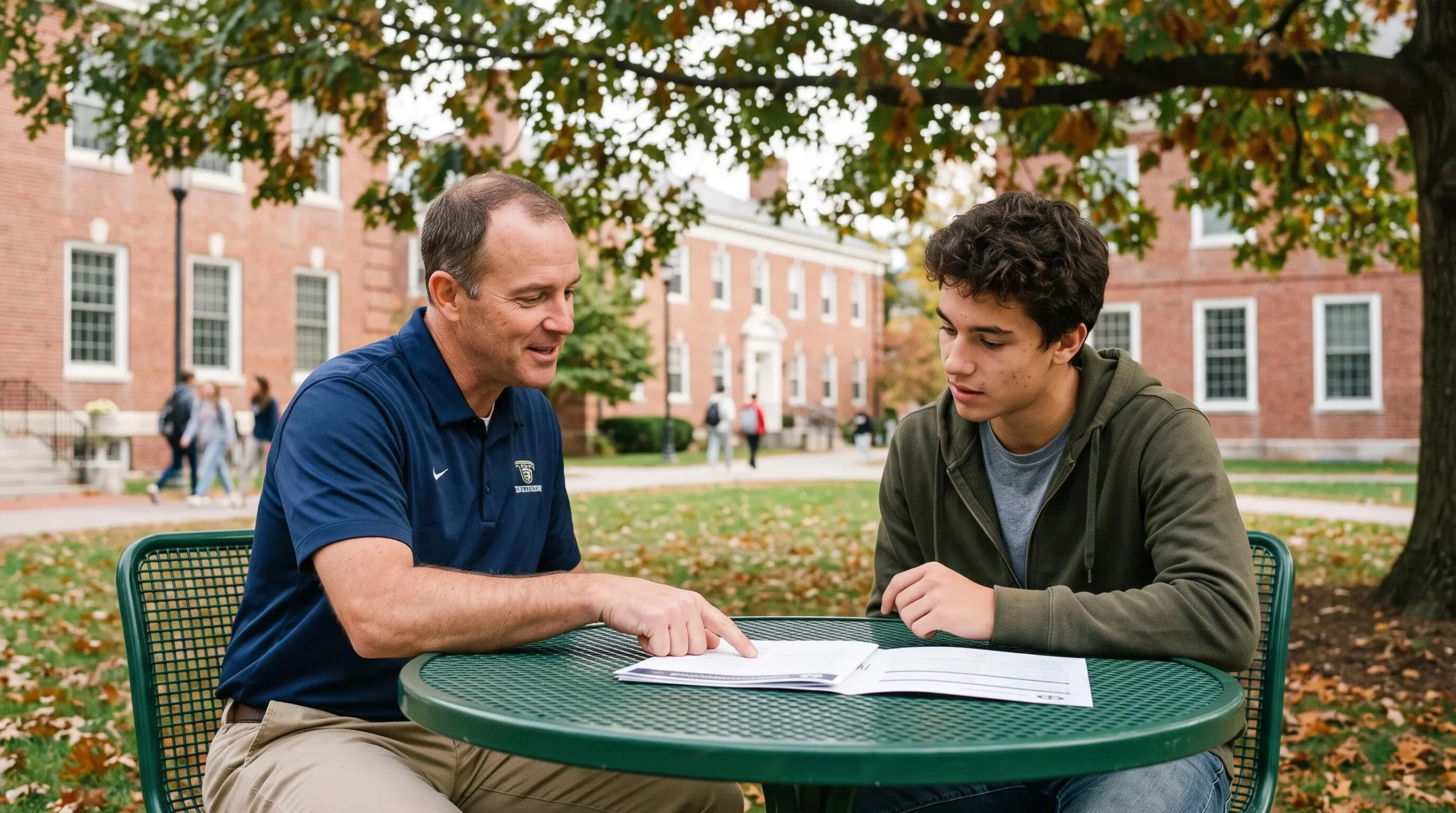 Recruteur sportif universitaire américain rencontrant un jeune athlète français candidat sur un campus lors d'un entretien de recrutement