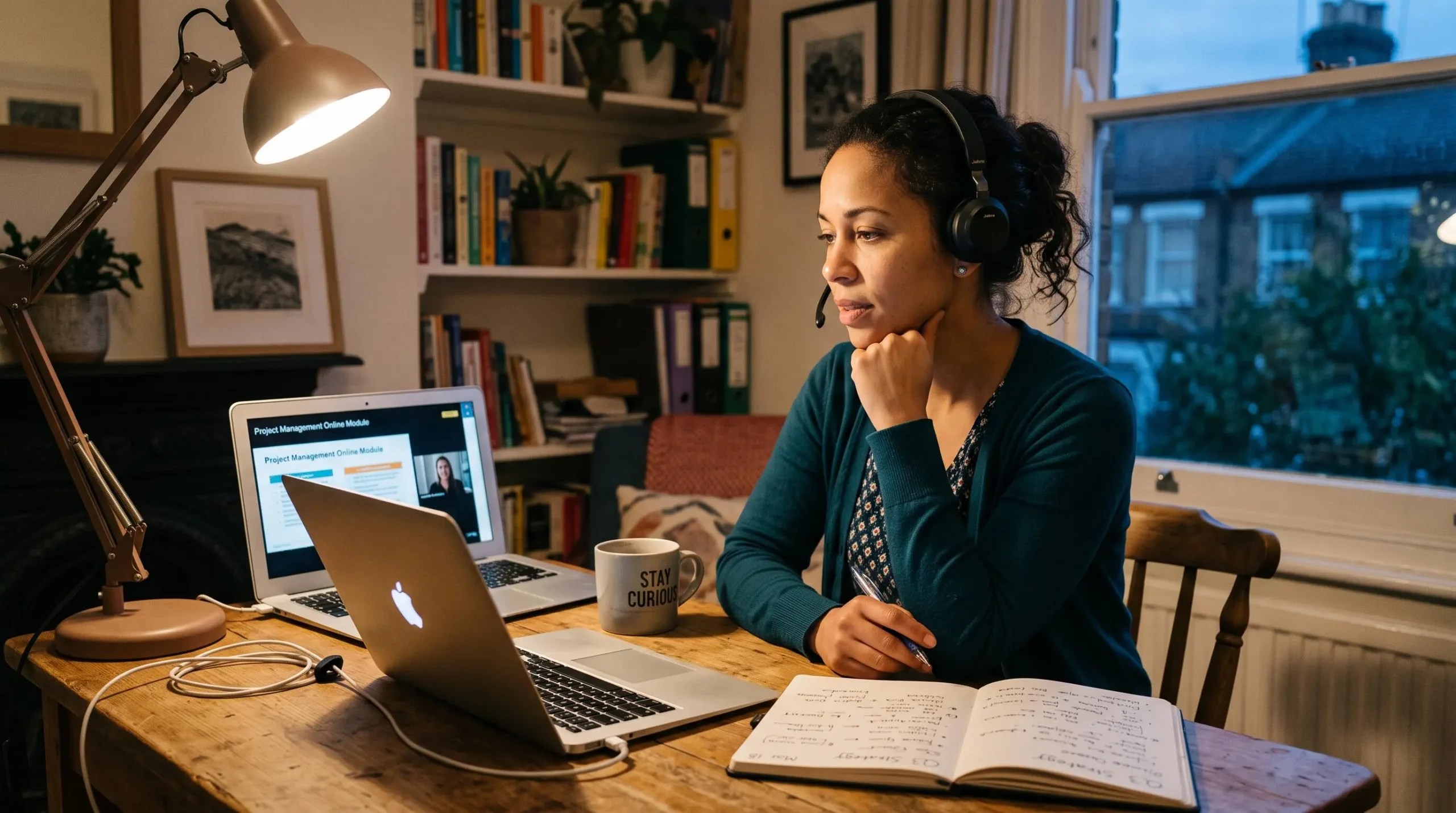 Une personne suit une formation en ligne depuis chez elle en prenant des notes.