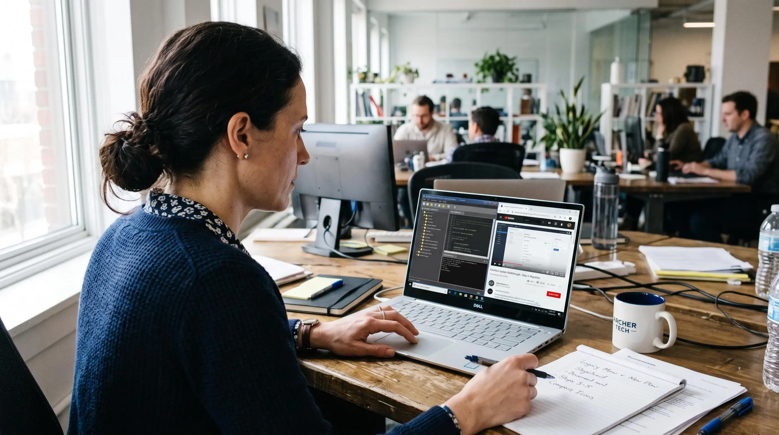 Une salariée compare un logiciel sur son écran avec un tutoriel dans son bureau.